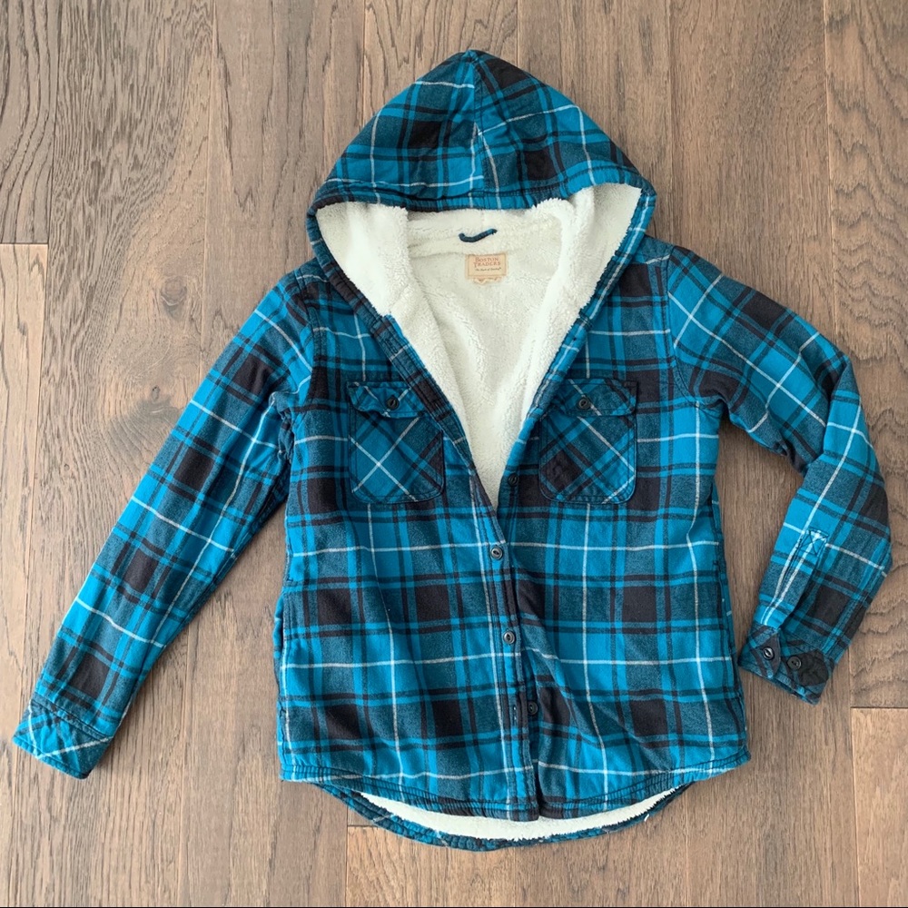 Warm Sherpa lined plaid button up hoodie